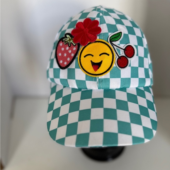 Women’s Checkered Cap with Emoji and Fruit Patches Adjustable Back Band - Picture 1 of 7
